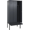 C+P Spind Classic PLUS Sitzbank, 3 Abteile, mittig, grau, B 900 mm, Zylinderschloss, auskragend, Kunststoff