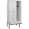C+P Spind Classic PLUS Sitzbank, 3 Abteile, lichtgrau, B 900 mm, Sicherheits-Drehriegel, auskragend, Kunststoff