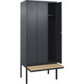 C+P Spind Classic PLUS Sitzbank, 3 Abteile, grau, B 900 mm, Zylinderschloss, auskragend, Buche-Hartholz
