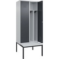 C+P Spind Classic PLUS Sitzbank, 2 Abteile, mittig, lichtgrau / grau, B 800 mm, Zylinderschloss, untergebaut, Kunststoff