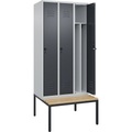 C+P Spind Classic PLUS Sitzbank, 3 Abteile, mittig, lichtgrau / grau, B 900 mm, Sicherheits-Drehriegel, untergebaut, Buche-Hartholz