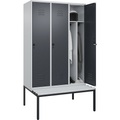 C+P Spind Classic PLUS Sitzbank, 3 Abteile, mittig, lichtgrau / grau, B 1200 mm, Sicherheits-Drehriegel, untergebaut, Kunststoff