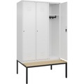 C+P Spind Classic PLUS Sitzbank, 3 Abteile, verkehrsweiß, B 1200 mm, Zylinderschloss, untergebaut, Buche-Hartholz