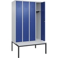 C+P Spind Classic PLUS Sitzbank, 4 Abteile, lichtgrau / enzianblau, B 1200 mm, Zylinderschloss, untergebaut, Kunststoff