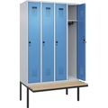 Spind Evolo PLUS Sitzbank, 4 Abteile, lichtgrau / lichtblau, B 1200 mm, Sicherheits-Drehriegel, mit auskragender Sitzbank, Buche