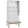Z-Spind Evolo PLUS Sitzbank, 3 Abteile, weiß, B 900 mm, Sicherheits-Drehriegel, mit auskragender Sitzbank, Buche