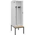 Schwarz-Weiß-Spind Evolo PLUS Sitzbank, 2 Abteile, weiß, B 600 mm, Zylinderschloss, mit untergebauter Sitzbank, Buche