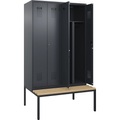 Schwarz-Weiß-Spind Evolo PLUS Sitzbank, 4 Abteile, grau, B 1200 mm, Zylinderschloss, mit untergebauter Sitzbank, Buche