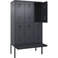 Doppelstock-Spind Evolo PLUS Sitzbank, 3 Abteile, grau, B 1200 mm, Zylinderschloss, mit auskragender Sitzbank, Kunststoff