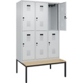Doppelstock-Spind Evolo PLUS Sitzbank, 3 Abteile, lichtgrau / lichtgrau, B 1200 mm, Sicherheits-Drehriegel, mit untergebauter Sitzbank, Buche