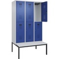 Doppelstock-Spind Evolo PLUS Sitzbank, 3 Abteile, lichtgrau / enzianblau, B 1200 mm, Zylinderschloss, mit untergebauter Sitzbank, Kunststoff