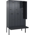 Z-Spind Evolo PLUS Sitzbank, 3 Abteile, grau, B 1200 mm, Sicherheits-Drehriegel, mit auskragender Sitzbank, Kunststoff