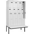 Z-Spind Evolo PLUS Sitzbank, 4 Abteile, weiß, B 1200 mm, Sicherheits-Drehriegel, mit auskragender Sitzbank, Kunststoff