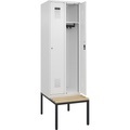 Spind Evolo PLUS Sitzbank, 2 Abteile, weiß, B 600 mm, Zylinderschloss, mit untergebauter Sitzbank, Buche