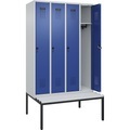 Spind Evolo PLUS Sitzbank, 4 Abteile, lichtgrau / enzianblau, B 1200 mm, Sicherheits-Drehriegel, mit untergebauter Sitzbank, Kunststoff