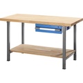 EUROKRAFT Werkbank, höhenverstellbar, mit Buchemassivplatte 1 Schublade, 1 Ablageboden Breite 1250 mm, anthrazit / blau