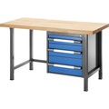 EUROKRAFT Werkbank, höhenverstellbar, mit Buchemassivplatte 3 Schubladen Breite 1250 mm, anthrazit / blau