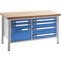 EUROKRAFT Werkbank, höhenverstellbar Breite 1500 mm, 6 Schubladen, 1 Tür grau / blau