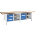 EUROKRAFT Werkbank, höhenverstellbar Breite 3000 mm, 6 Schubladen grau / blau