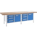 EUROKRAFT Werkbank, höhenverstellbar Breite 3000 mm, 6 Schubladen, 2 Türen grau / blau