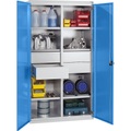 EUROKRAFT Schwerlastschrank aus Stahl 6 Fachböden, 4 Schubladen 180 mm hoch lichtgrau/lichtblau