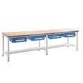 EUROKRAFT Werkbank, höhenverstellbar mit Schubladen Breite 3000 mm, grau / blau