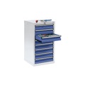 Schubladenschrank HxBxT 900 x 500 x 500 mm, 8 Schubladen 100 mm hoch Korpus lichtgrau, Schubladen enzianblau
