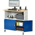 RAU PC-Tisch mit durchgehendem Fachboden, mit Fahrsatz lichtgrau RAL 7035 / enzianblau RAL 5010