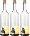 Lunartec 3er-Set Deko-Glasflasche, LED-Kerze & bewegliche Flamme, Tannen-Motiv