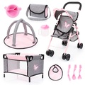 Bayer Puppenbuggy »grau/rosa«, (Set), mit Puppenbett, Wickeltasche, Geschirr, Flasche, Latz und Spielbogen
