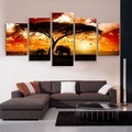 5 Paneele Wandkunst auf Leinwand, Poster, Gemälde, Kunstwerk, Bild, Elefant, Tier, Baum, Sonnenuntergang, Heimdekoration, Dekoration, gerollte Leinwand mit gespanntem Rahmen Lightinthebox