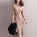 damen pullover kleid winterkleid midi kleid grün camel rot langarm farbe rein schnüren split winter herbst rollkragen lässig one-size Lightinthebox