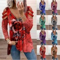 Lighinthebox, Damen V-Ausschnitt Reißverschluss hohl langärmlig Blumendruck locker Top T-Shirt Damen Frühling Sommer täglich Valentinstag Geschenk Lightinthebox