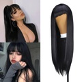 Schwarze Perücke mit Pony Pony lange gerade Perücke 66 cm natürliche schwarze hitzebeständige synthetische Perücke mit Pony für modische Damen, Alltagskleidung, Party und Cosplay, Halloween Lightinthebox