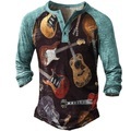 Herren Henley Shirt T Shirt Raglan-T-Shirt Graphic Farbblock Gitarre Henley Blau 3D-Druck Strasse Casual Langarm Button-Down Bedruckt Bekleidung Basic Modisch Klassisch Komfortabel Lightinthebox