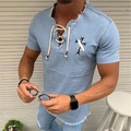 Herren Hemd Jeanshemd Designer-Shirt Chambray-Hemd Sommerhemd Glatt Einfarbig Kreuz V Ausschnitt Schwarzgrau Marineblau Leicht Blau 3D-Druck Outdoor Casual Kurzarm Kordelzug Quaste Bekleidung Lightinthebox
