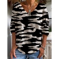 Damen T Shirt Schwarz Zebra Bedruckt 3/4 Ärmel Casual Täglich Basic V Ausschnitt Standard Farbe S / 3D-Druck Lightinthebox