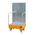 Fahrbare Auffangwanne mit Lochplattenwand 2 x 60-l-Fass stehend nebeneinander, LxBxH 570 x 890 x 1685 mm gelborange