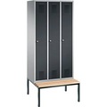 Garderobenspind Evolo S 3000, Stahl, m. untergeb. Sitzbank, 3 Abteile m. jew. B 300 mm, Zylinderschloss, weissaluminium RAL 9006/anthrazit RAL 7016