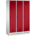 Garderobenspind Evolo S 3000, Stahl, mit Sockel, 3 Abteile mit jeweils B 400 mm, Drehriegel, lichtgrau RAL 7035/rubinrot RAL 3003
