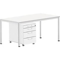Komplettset BEXXSTAR, Schreibtisch 1600 mm breit Rollcontainer, Rundrohrfuß, weiß