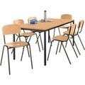 Stahlrohr-Tisch mit 6 Stapelstühlen, Gestell Tisch schwarz/Stuhl braun