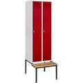 Schäfer Shop Genius Kleiderspind mit Sitzbank, 2 Abteile, Sicherheitsdrehriegelverschluss, lichtgrau/rot