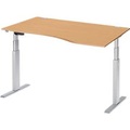 Schäfer Shop Select Schreibtisch ERGO-T, elektrisch höhenverstellbar, Freiform, Ansatz rechts, T-Fuss, B 1800 x H 640-1300 mm, Buche/weissalu