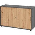 Schiebetürschrank Breno, abschliessbar, Spanplatte, melaminharzbeschichtet, B 1200 x T 400 x H 748 mm, 2 Ordnerhöhen, Graphit/Asteiche