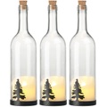 Lunartec 3er-Set Deko-Glasflasche, LED-Kerze & bewegliche Flamme, Tannen-Motiv