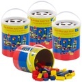 Playtastic 4er-Set Holzbausteine, Aufbewahrungseimer, 100 St., 4 Farben, 6 Formen