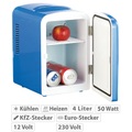 Rosenstein & Söhne Mini-Kühlschrank mit Warmhalte-Funktion, für 12 & 230 V, 4 Liter, blau